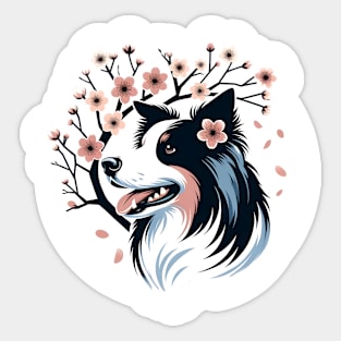 Border Collie Revels in Spring's Cherry Blossoms Glow Sticker